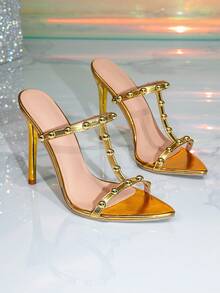 Gold Studded T-Strap Pointed Toe Stiletto Heel Mule Sandals Open Toe Slip-On High Heel Party Evening Shoes For Women - Gold - View 2