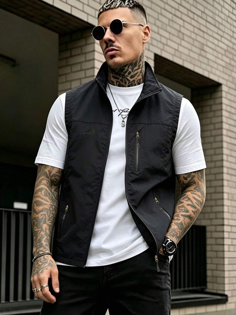 Men's Solid Color Casual Versatile Daily Travel Vest - Black - View 1