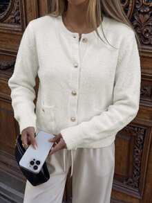 GLAMSKIN Cardigan Rajut Pendek Wanita Musim Gugur/Musim Dingin, Sweater Lengan Panjang Kerah Bulat dengan Kancing Depan dan Kantong Berpenutup, Pakaian Luar untuk Kantor dan Pakaian Sehari-hari - Aprikot muda - View 1