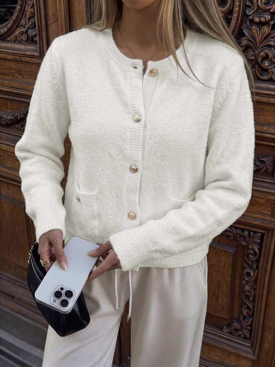 GLAMSKIN Cardigan Rajut Pendek Wanita Musim Gugur/Musim Dingin, Sweater Lengan Panjang Kerah Bulat dengan Kancing Depan dan Kantong Berpenutup, Pakaian Luar untuk Kantor dan Pakaian Sehari-hari - Aprikot muda - View 1