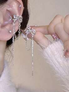 1 Pair Luxury Zirconia Crystal Butterfly & Tassel Ear Cuff Earrings, Romantic Design Elegant Earrings For Versatile Wear - Silver - View 1