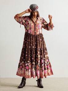 Rusttydustty Women's Brown Printed V-Neck Tie Puff Sleeve Bohemian Vacation Style Loose Long Dress, Suitable For Autumn - Brown - View 1