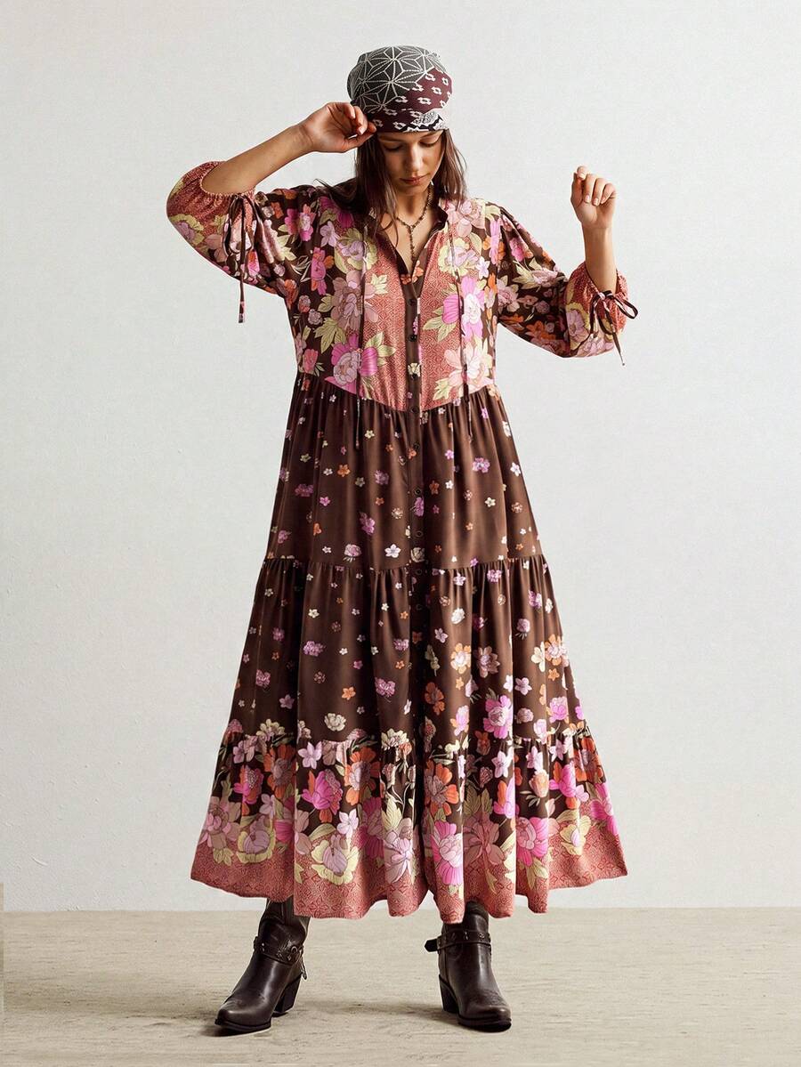 Rusttydustty Women's Brown Printed V-Neck Tie Puff Sleeve Bohemian Vacation Style Loose Long Dress, Suitable For Autumn - Brown - View 1