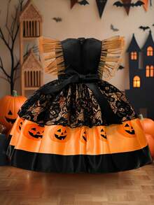Baby Girls Flutter Sleeve Contrast Color Lace Mesh Pumpkin Pattern Cute Party Dress Suitable For Halloween, Headband Not Included - Multicolor - View 6