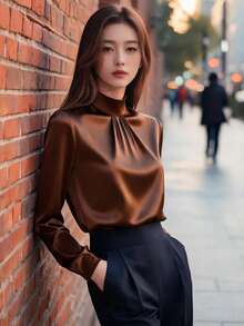 女款優雅黑色緞面襯衫，立領百褶長袖上衣，專業通勤顯瘦優雅緞面，適合辦公室或正式休閒場合，純色鈕扣，四季皆宜 - 咖啡棕 - 查看 9
