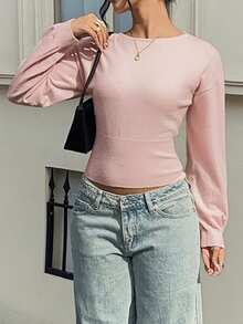SCARLUX Sweater Rajut Dasar Pink Gaya Y2K Musim Gugur/Musim Dingin untuk Wanita, Leher Perahu, Lengan Panjang, Potongan Pendek, Pas Badan, Cocok untuk Pakaian Sehari-hari Kembali ke Sekolah/Jalanan - Berwarna merah muda - View 9