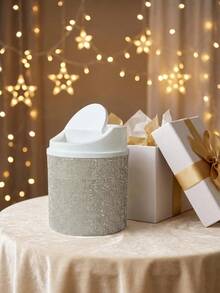 Desktop Cosmetic Trash Can With Rhinestones, Trash Organizer Swivel Lid Desktop Organizer For Dressing Table, Bedroom, Office Shine In The Sun - Multicolor - View 8