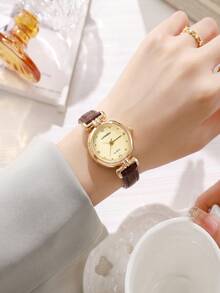 LIANDU Vintage Mini Round Leather Strap Quartz Women's Watch, Gold Case Dial With Rhinestone Markers, Elegant Formal Watch, Suitable For Various Occasions Like Holidays, Parties, Weddings, Back To School, Christmas, Thanksgiving, Halloween, Easter, Etc., Perfect Gift For Women - Brown - View 5