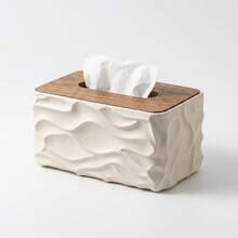1Pc Rectangular Tissue Box Cover,Modern 3D Wavy Pattern Tissue Holder With Wooden Lid,Cream‑White Decorative Napkin Organizer For Living Room Office Bedroom Bathroom Vanity Dining Table Desktop Home Decor,Back-To-School And Christmas Gift Essentials - Multicolor - View 4