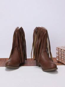 Sepatu Bot Koboi Barat Modis dan Lucu dengan Rumbai untuk Anak Perempuan, Resleting Samping Setengah Betis, Musim Gugur Musim Dingin - Coklat - View 2