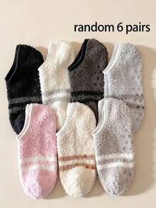 1/3/6 Random Women's Short Socks, Coral Fleece Fuzzy Floor Socks, Autumn/Winter Indoor Home Non-Slip Short Tube Sleep Socks, Suitable For Multiple Occasions - Multicolor - View 9