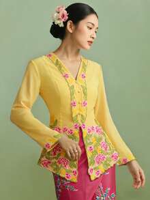 1pc Elegant Embroidered Long Sleeve Blouse For Women, Suitable For Holiday, Birthday, Party, Daily Wear - Yellow - View 3