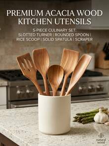 3/5‑Piece Natural Wooden Kitchen Utensils Set, Non‑Stick Cookware Spatula & Rice Spoon, Easy To Clean Cooking Tool For Kitchen, Housewarming Halloween Easter Christmas Gift - Rust Brown - View 9