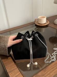 1pc Women's Fashion Commuter Solid Color All-Season Shoulder Bag, Portable Versatile Luxury Mini Drawstring Crossbody Bag, Suitable For Dating, Shopping, Gift - Black - View 3