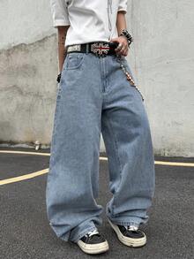Hearty Haven 1pc American Street Style Embroidered Men's Wide Leg Jeans With Large Pockets, Comfortable Loose Fit, Draped Wash, All Season Long Pants - No Belt And Accessories - Blue - View 4