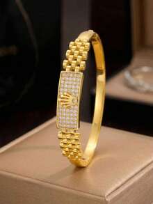 1pc Unisex Versatile Watch Style Pave Bangle, 18K Gold Plated Stainless Steel, Daily Wear Gift For Men & Women - Gold - View 5