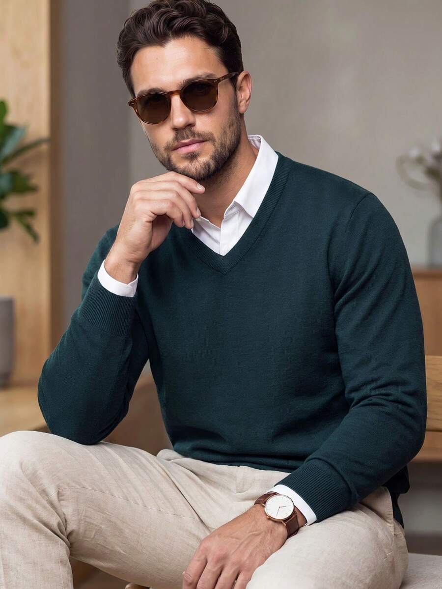 Men's Autumn/Winter Crew Neck Sweater, Stand Collar Business Commute Casual Knitwear, Comfortable For Banquet And Home Wear - Green - View 1