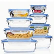 8 piece glass food storage container with leak-proof lid-seal meal preparation and bento box, refrigerator replacement storage box for microwave, oven, refrigerator and dishwasher, perfect for fruits, vegetables and salads, multi-purpose kitchenware | multi-size container | safety lock lid - Multicolor - Ver 13