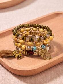 4pcs Bohemian Wooden Bead Layered Bracelets, Elephant Tassel Leaf Pendant Elastic Wristbands, Vintage Hand Jewelry - Brown - View 2
