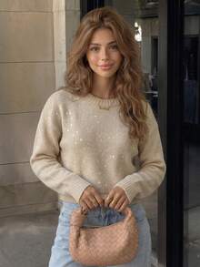 JustMiss Women's Crew Neck Long Sleeve Knit Short Loose Casual Colorful Sequin Pullover Sweater Spring Autumn - Khaki - View 2