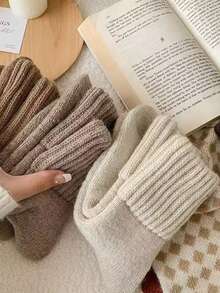5 Pasang Kaos Kaki Wanita Minimalis Warna Polos Bahan Terry Setinggi Betis untuk Musim Gugur/Dingin - MultiWarna - View 6