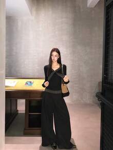 Women's 2026 New Long Sleeve T-Shirt, Black Stunning Slim Fit 2 In 1 Knit Top - Black - View 4