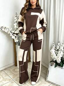 Women 2 Pcs Color Block Hooded Sweatshirt & Wide Leg Pants Set, Casual Fall Streetwear Matching Outfit, Loose Fit Lounge Set, Everyday Comfy Tracksuit - Brown + Apricot - View 2