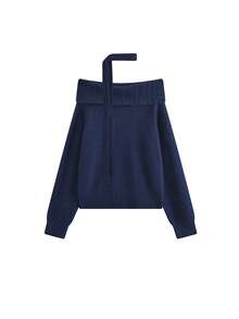 Navy Blue Off-Shoulder Sweater Women Autumn/Winter Korean Style Slim Fit Flattering Knit Top Solid Color - Royal Blue - View 4