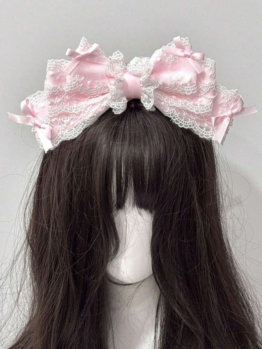 1件裝粉色蕾絲蝴蝶結髮箍 優雅3D蝴蝶結蘿莉塔風女款時尚Cosplay髮飾 - 粉色 - 查看 1