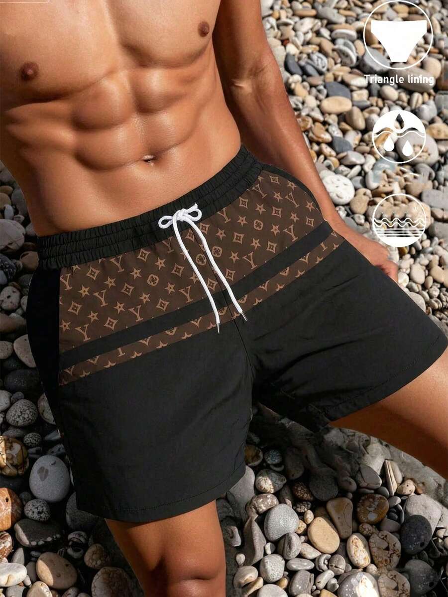 Men's Hawaiian Beach Print Swim Shorts With Inner Lining, Anti-Embarrassment Beach Swimwear