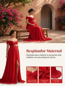 Off-The-Shoulder Lace Maternity Dress - Red - View 7