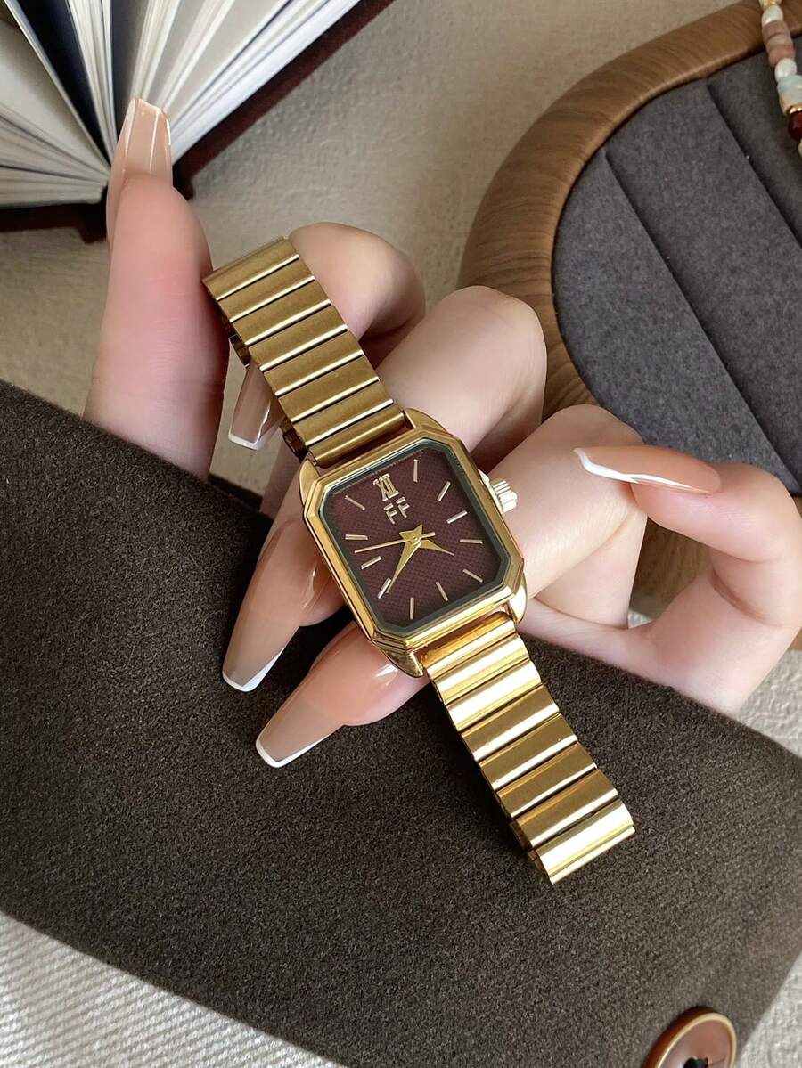 1件深紅色錶盤混合刻度與竹紋錶帶金色方形女款石英手錶 - 適合日常配戴 - 金色 - 查看 1