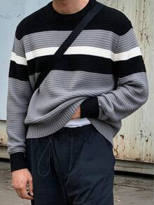 Men's Crew Neck Contrast Color Horizontal Ribbed Textured Ribbed Knit Sweater Pullover Long Sleeve Casual Inner Layer Top For Autumn/Winter - Grey - View 4