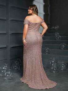 Women's Plus Size Glamorous Rose Gold Sequin Off Shoulder Floor-Length Slit Pleated Design Party Evening Dress - Rose Gold - View 2