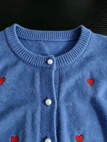 Soft Heart Embroidered Round Neck Knit Cardigan - Light Blue - View 3