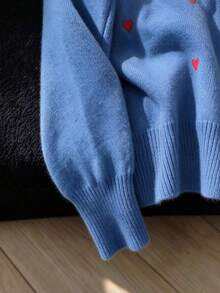 Soft Heart Embroidered Round Neck Knit Cardigan - Light Blue - View 4