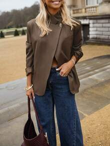 Women's Fashion Commute Brown Blazer With Lapel, Button Detail, Long Sleeve, Polyester Regular Fit, Perfect For Autumn - Brown - View 3