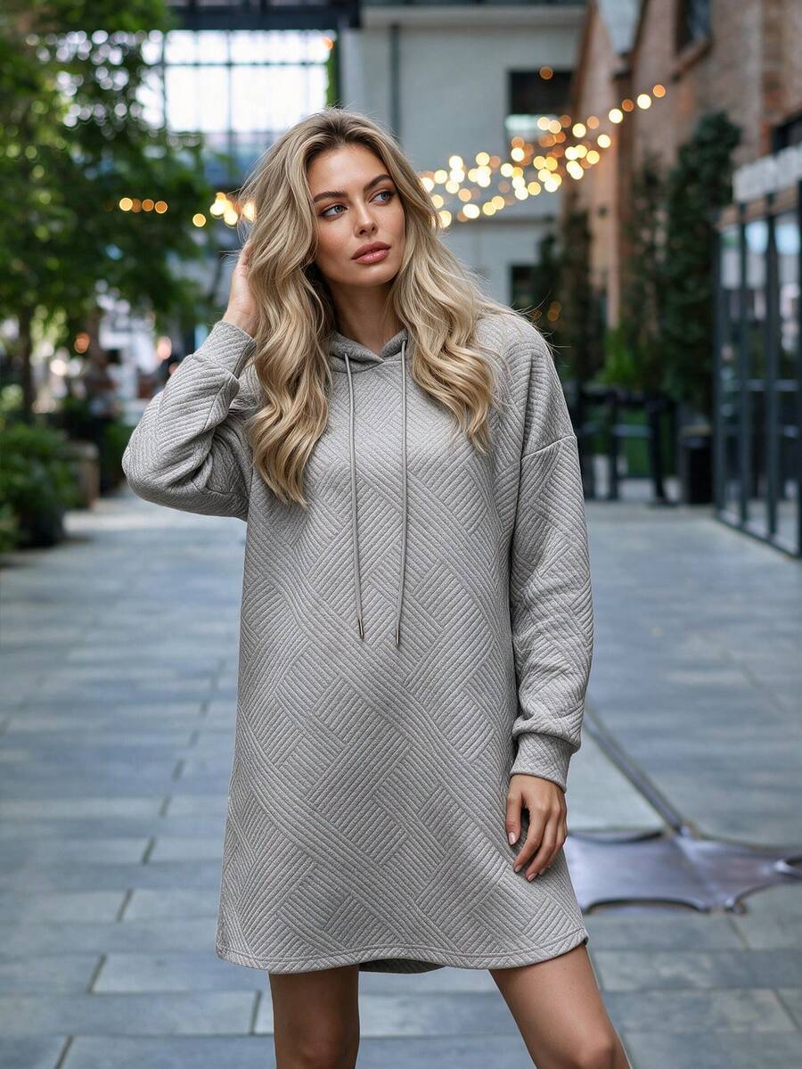 Women's Casual Lazy Style Rhombus Embossed Fabric Hooded Sweatshirt Dress, Drawstring Loose Drop Shoulder Long Sleeve Mid-Length Pullover Sweatshirt Dress - Grey - View 1