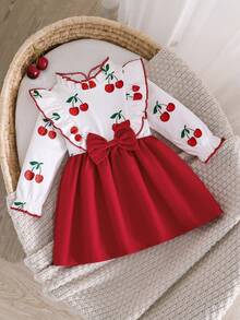 Baby Girl Autumn Fruit Print Cherry Pattern Long Sleeve Dress With Bow Decoration, Waist-Cinching A-Line Silhouette, Slightly Elastic, Suitable For Daily Wear And Gift Giving - Red - View 7