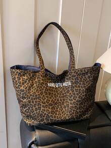 Leisure Retro Artistic Style Practical Texture Leopard Print Tote Bag, Letter Decoration Design, Reversible, Suitable For Commuting And Gatherings - Multicolor - View 13