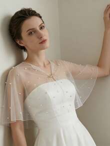 1pc Ivory Short Beaded Bridal Shawl, Rhinestone Decor Wedding Party Bridal Gown Accessory, Thin Sheer Mesh - Milky - View 4