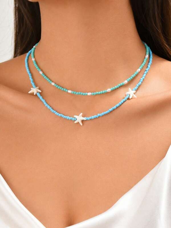 2pcs/Set Women's Blue Faux Starfish Beaded Necklace, Faux Pearl Accents, Multi-Layered Stackable Design, Fashion Y2K Bohemian Daily Accessory