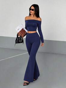VENORA Women's Sexy Casual Off The Shoulder Crop Top & Flare Pants Two Pieces Outfit, Medium Stretch Long Sleeve Co-Ord Set For Fall - Navy Blue - View 1