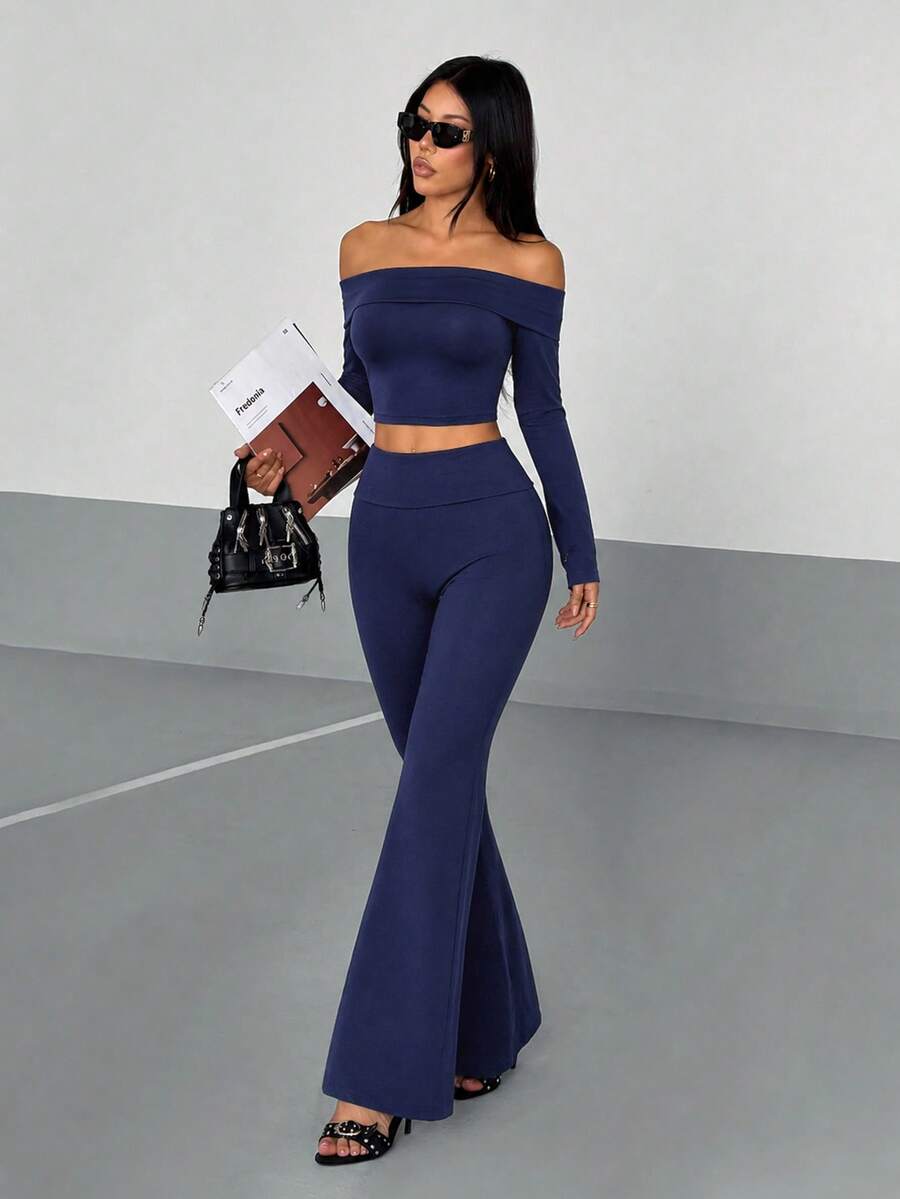 VENORA Women's Sexy Casual Off The Shoulder Crop Top & Flare Pants Two Pieces Outfit, Medium Stretch Long Sleeve Co-Ord Set For Fall - Navy Blue - View 1
