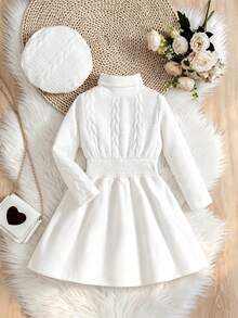 Girls' Casual White Knitted Mock Neck Dress With Elastic Waist, Soft And Warm, Suitable For Various Daily And Special Occasions, Autumn/Winter - White - View 9