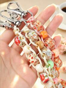 Beaded Golf Bag Charm Keychain, Woven Rope Key Ring With Leopard Print Floral Large Hole Beads, Adjustable Lobster Clasp, Women's Golf Set Bag Accessory - 2889 - View 1