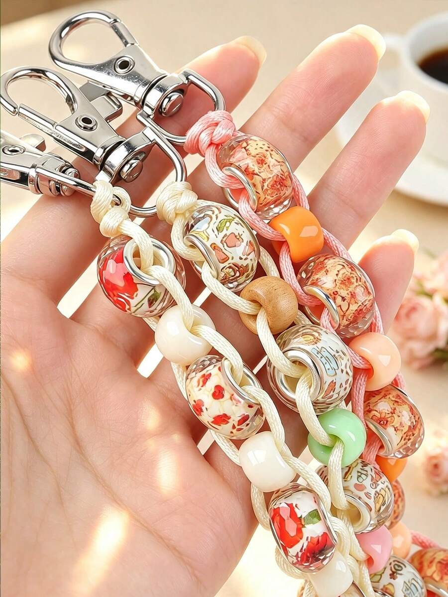 Beaded Golf Bag Charm Keychain, Woven Rope Key Ring With Leopard Print Floral Large Hole Beads, Adjustable Lobster Clasp, Women's Golf Set Bag Accessory - 2889 - View 1