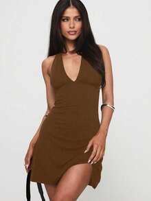 Sexy Fashion Deep V-Neck Sleeveless Mini Dress, New Summer Style, Suitable For Dating And Daily Wear - Brown - View 5