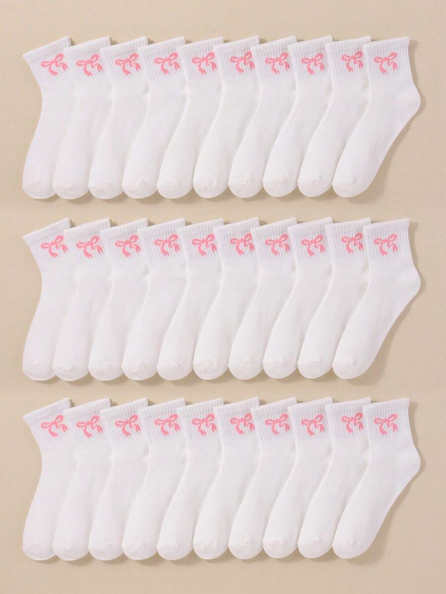 5/10/20 Pairs Random Pink Bow Crew Socks For Girls Toddler Kids Teen Tween Fall Winter Ankle Socks Back To School White Socks For Halloween Christmas - Multicolor - View 1