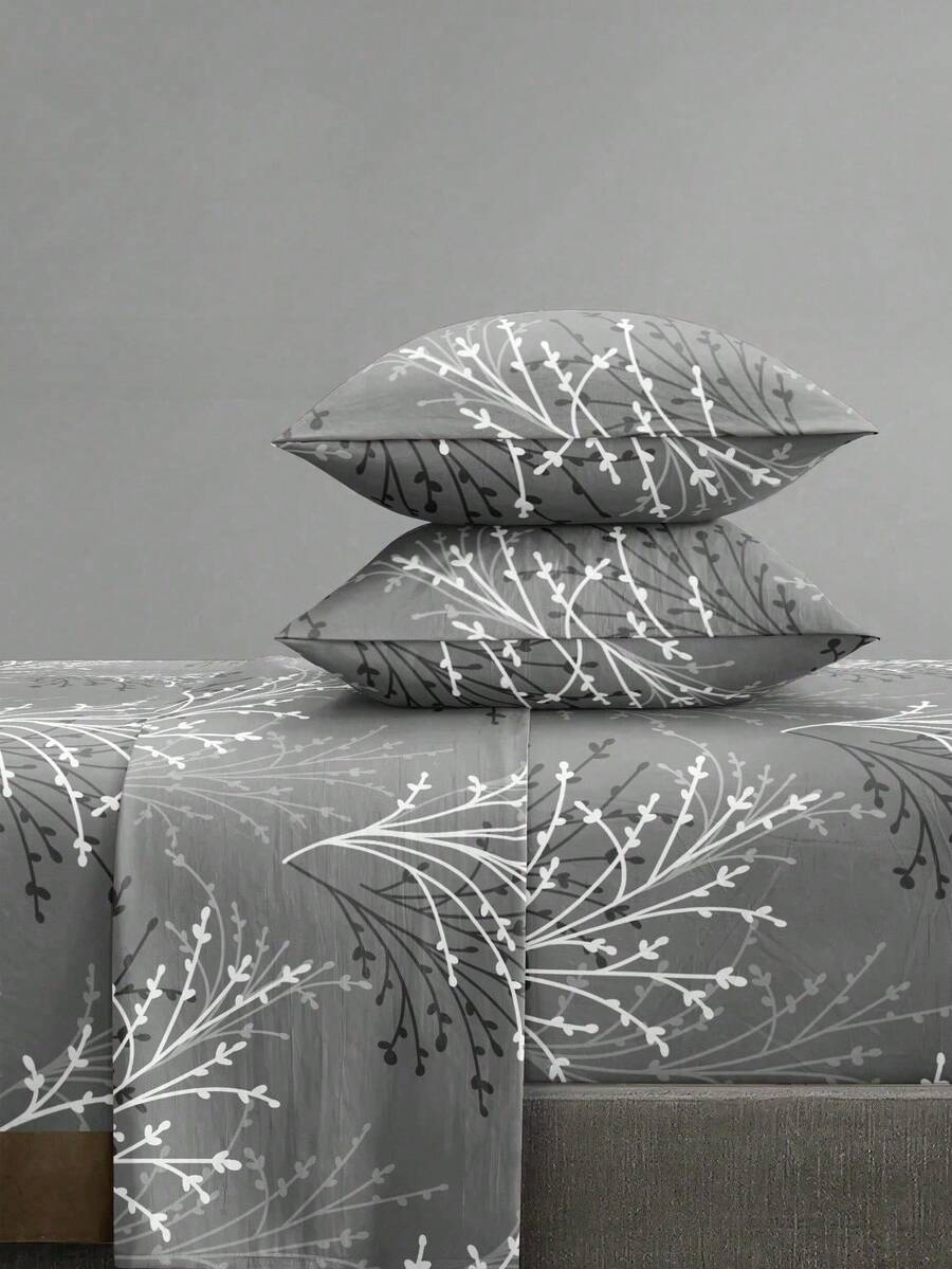 4-Piece Gray Floral Pattern Bed Sheet Set, Includes 1 Fitted Sheet, 1 Flat Sheet And 2 Pillowcases (Pillow Inserts Not Included), Fitted Sheet Set, Available Sizes: Extra Large, Large, Standard Double, Single, Deep Pocket Design, Pillowcases Up To 11.8 Inches, Soft And Breathable, Wrinkle-Resistant - Grey - View 1